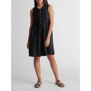 Quince Black European Linen Sleeveless Swing Dress sz L Womens Pleats Button